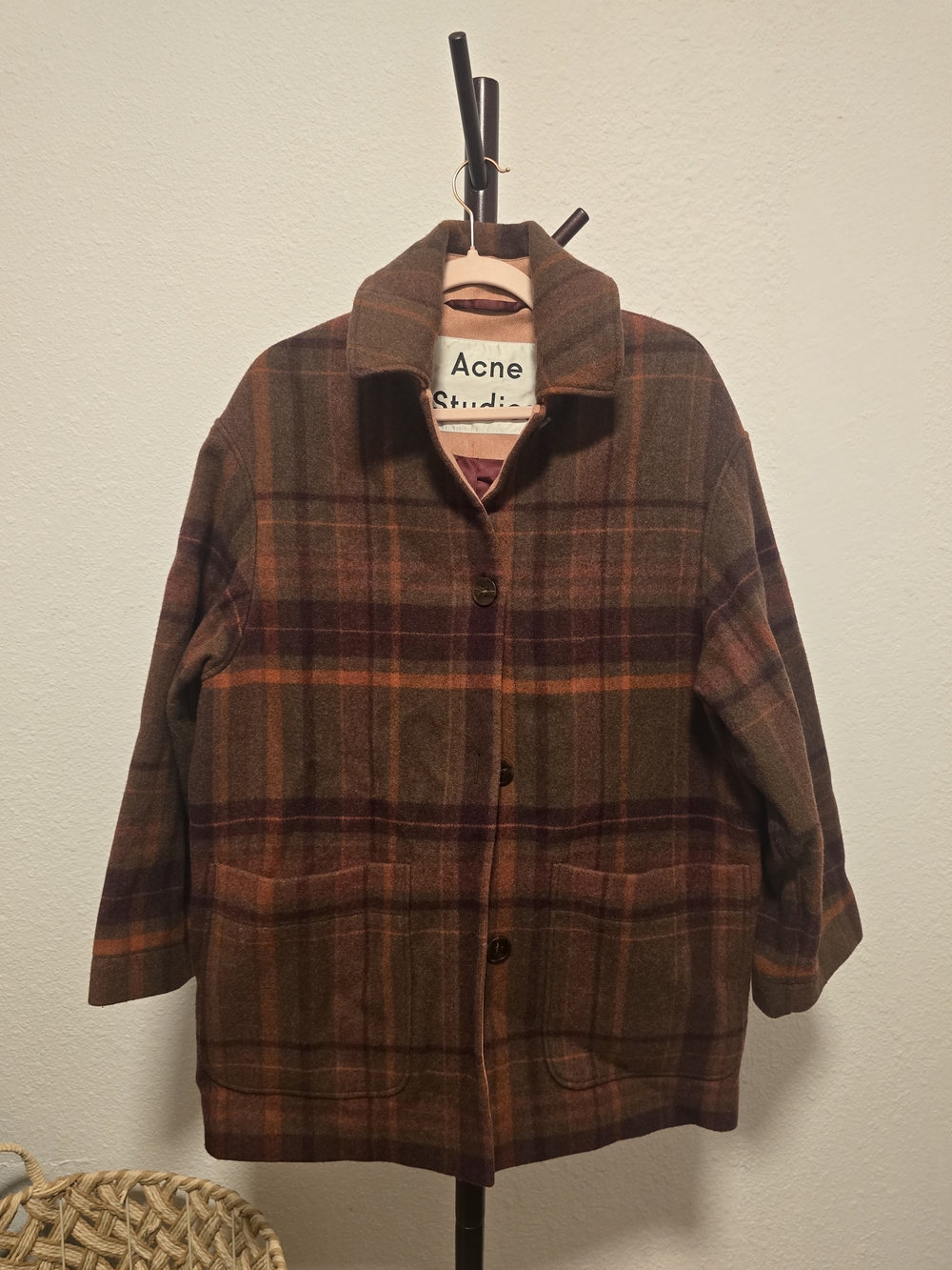 Acne Studio  Oversize Multicolor Plaid Wool Pea Coat in Brown and Orange